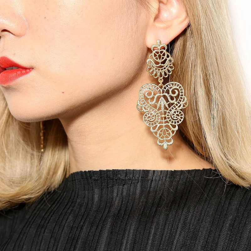 European Fashion Exaggerated Bohemian Hollow Leaves Flower Big Pendants Drop Earrings For Women Jewelry Brincos Bijoux Gift