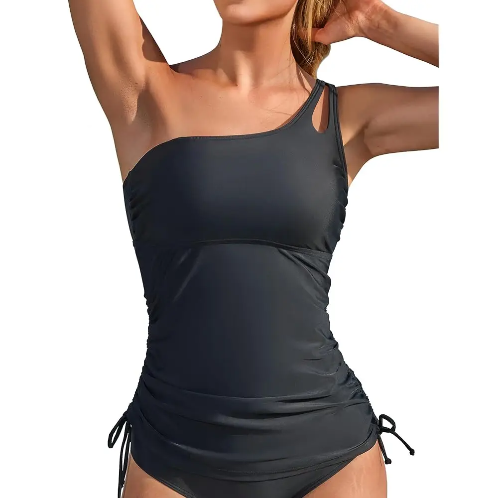 One Shoulder Tankini Tops for Women 2026 Tummy Control Bathing Suit Top Drawstring Side Swimwear Swim Top