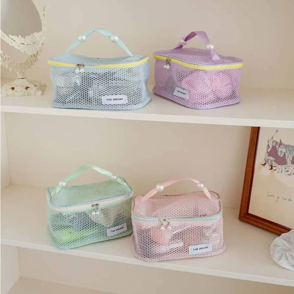 

Solid Color Mesh Cosmetic Bag Large Capacity Zipper Transparent Makeup Bag Storage Bag Organizer Case Pillow Makeup Pouch