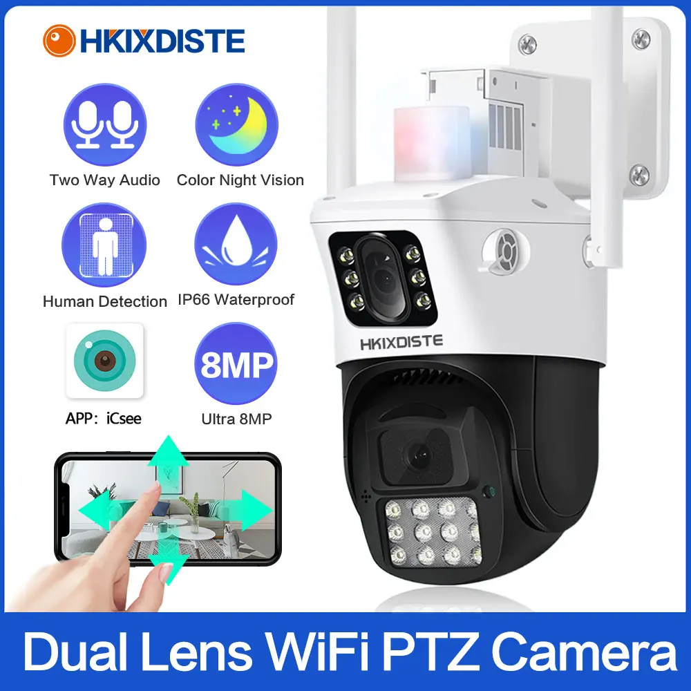 camera de seguranca impermeavel dual lens vigilancia por video cctv luz policial alarme camera ip protecao protecao 8mp 4k wifi 01