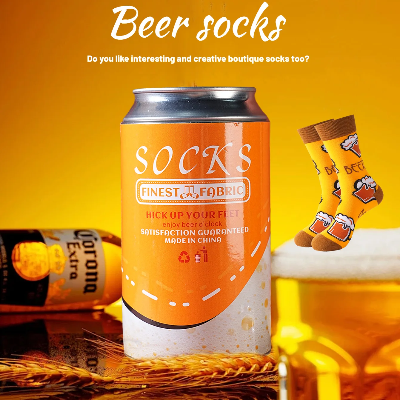 1 par de calcetines de hombre a media pantorrilla, adecuados tanto para hombres como para mujeres, novedosos y divertidos, calcetines lindos y de lata de cerveza amarilla, estilo de tendencia de moda europea, cómodos y transpirables, regalo novedoso informal para fiestas, Navidad, Papá Noel, estilo de otoño e invierno, calcetines divertidos
