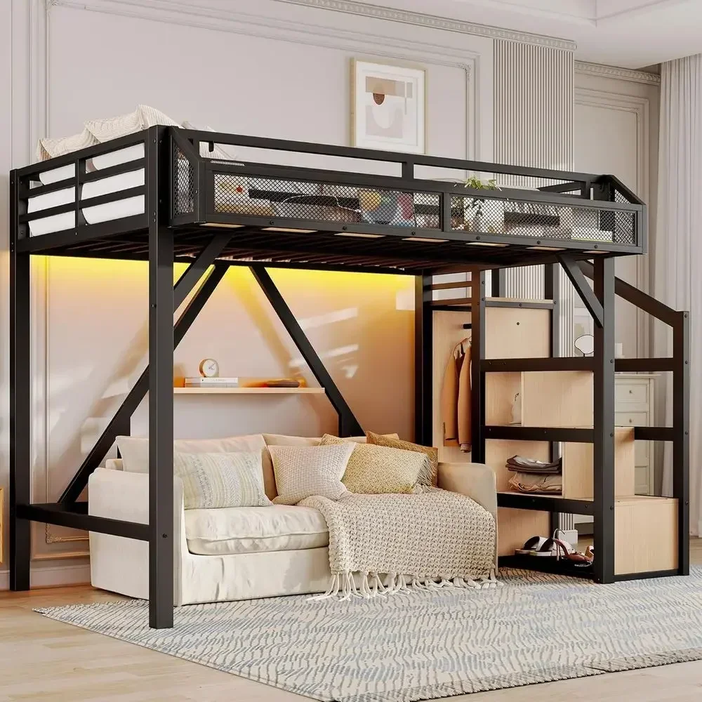 Twin XL Metal Bed with Stairs, Wardrobe, LED Lights, USB Ports for Teens, Black Natural