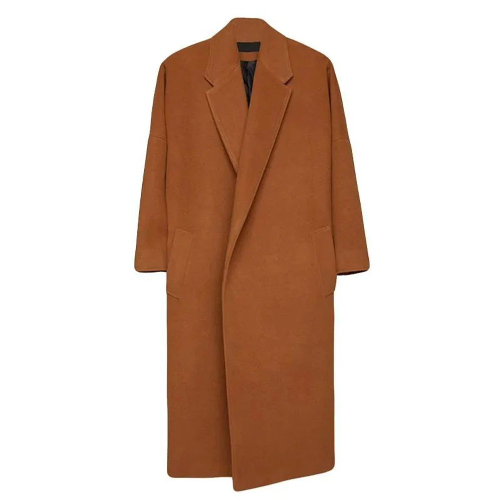 Mens maillard Mid-Length Knee-Length Woolen Coat Autumn Winter Trend British Elegant Temperament Loose Comfort Simple Solid Coat