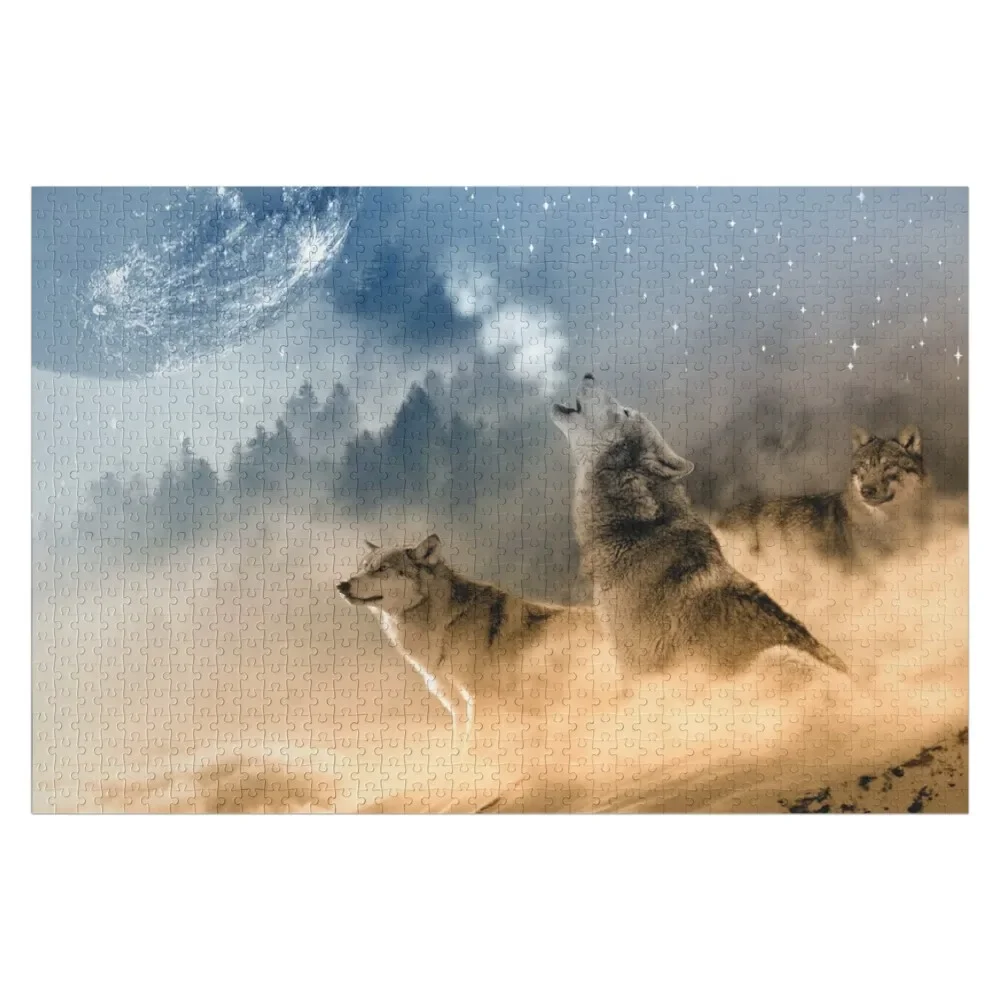 Winter Summer Wild Wolf Pack Howling Full Moon Jigsaw Puzzle Custom With Photo Customs With Photo Puzzle