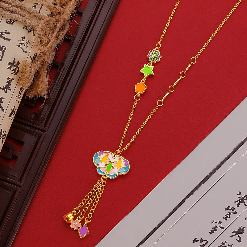 

New Chinese 9999 24K Real Gold Enamel Color Design Creative Butterfly Tassel Set Chain Design Retro Butterfly Necklace Female