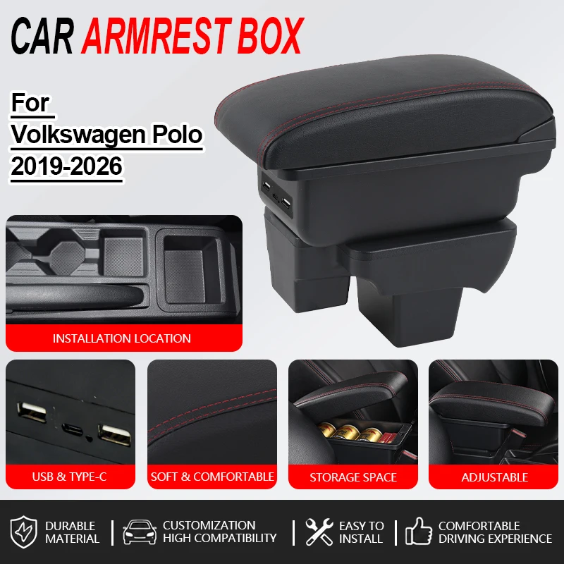 

Armrest For Volkswagen Polo For VW Polo 2019-2026 Car Console PU leather Storage Box With USB Interior Design Car Accessories