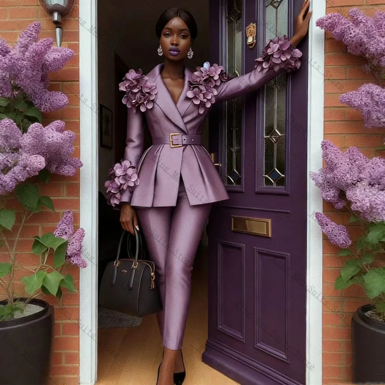 

Purple Women Suit Set 2 Pcs Blazer+Pants Trousers 3D Flower Ruffles Hem Customized Formal Guest Wedding Tuxedos Coat Jacket