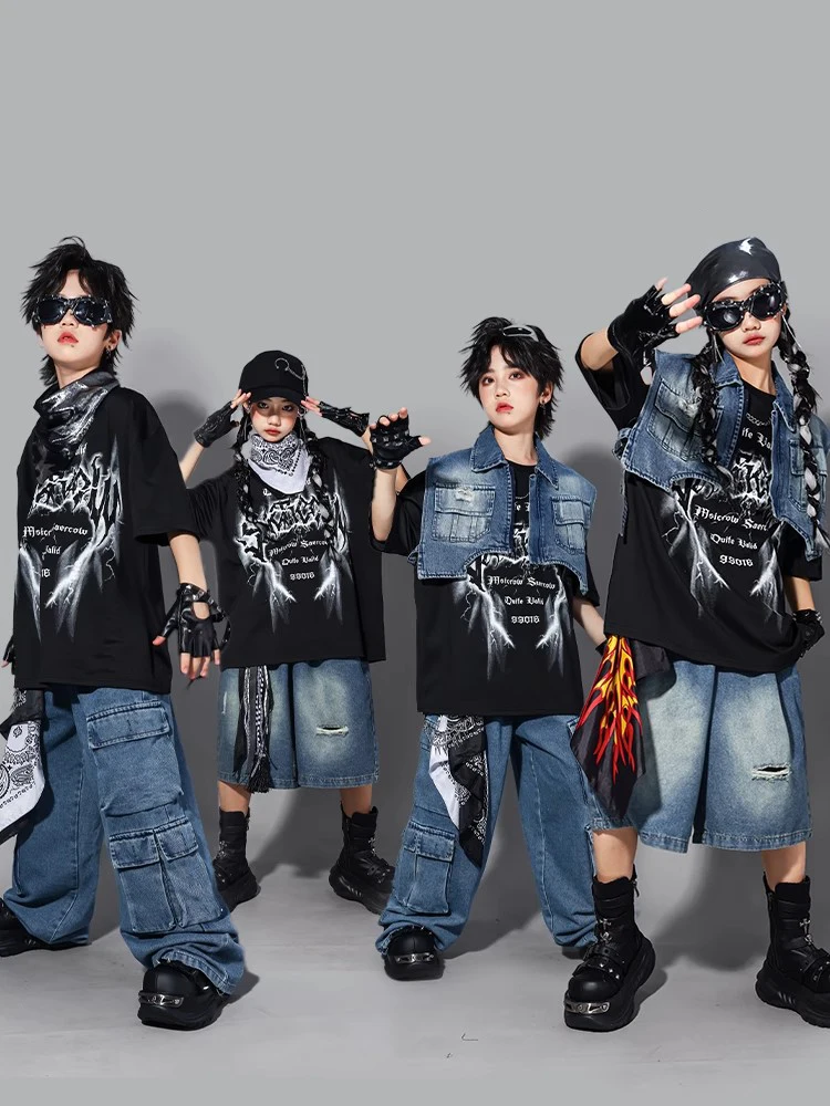 2025 Kinder Jazz Dance Kostüm Mädchen Denim Weste Hosen Jungen Street Dance Performance Kleidung Sommer Kurzen Ärmeln Anzug BL16125