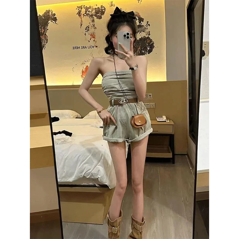 Sweet Spicy Sexy Fold Waist Slimming One-Line Neck Off-The-Shoulder Jumpsuit Women'S 2024 Summer Spread Chest Broadleg Jumpsuit