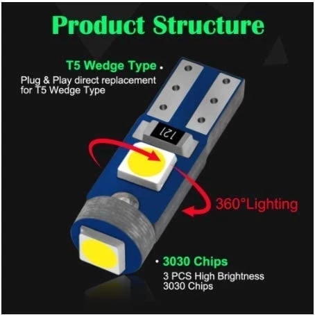 10pcs T5 Led 전구 W3W W1.2W 12V Led Canbus 자동차 인테리어 조명 대시 보드 온난화 표시기 웨지 자동 악기 램프 썸네일 2