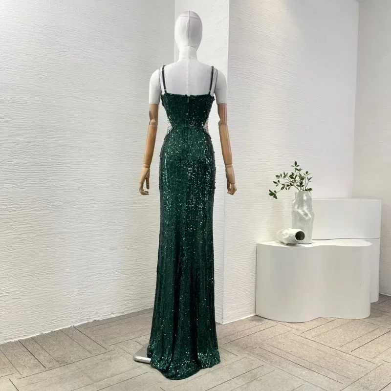 Women's Green High Quality Elegant Attractive Diamonds Sequins Slim Fit  Tube Maxi Dresses