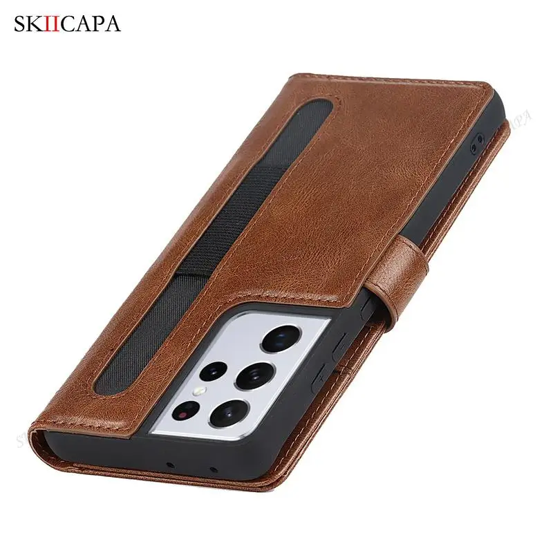 Stylus S-Pen Socket Slot Leather Flip Phone Case For Samsung Galaxy S21 Ultra G9980 G998D G998U Wallet Card Holder Phone Cover