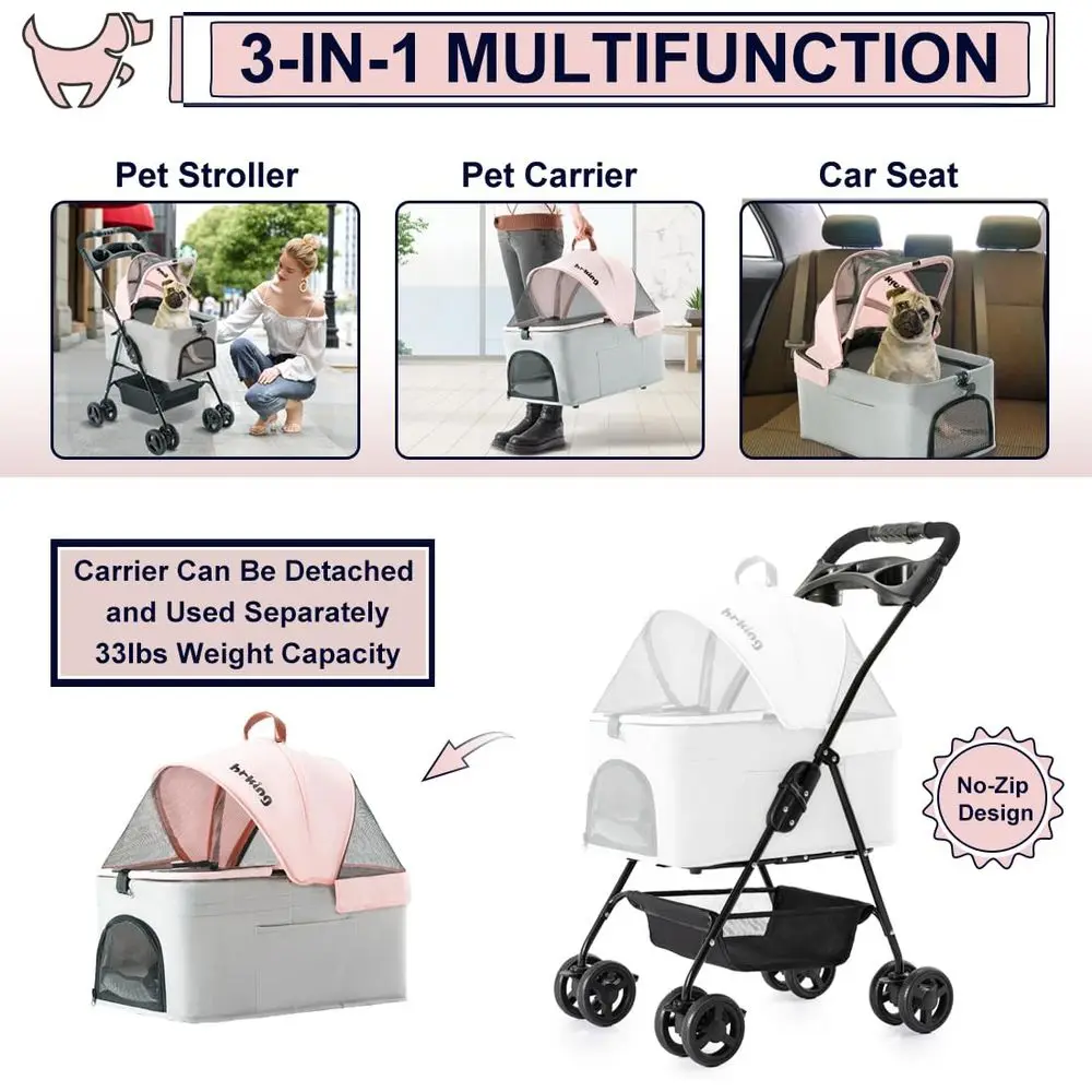 Carrinho de estimação para cães e gatos pequenos, carrinho de cachorro leve dobrável com transportador removível portátil gato filhote de cachorro jogging carrinho