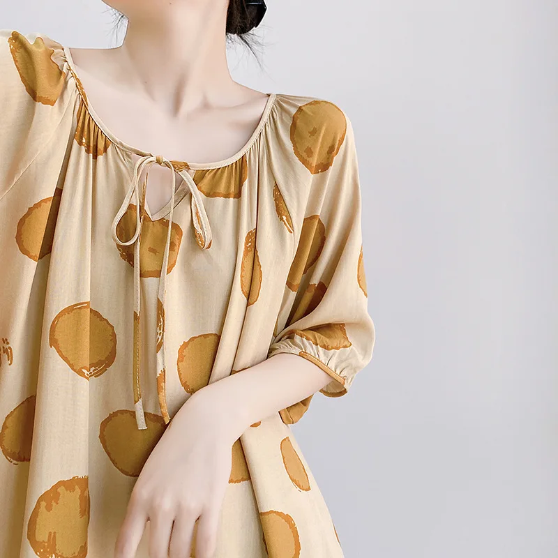 Women's Summer National Style Cotton and Silk Loungewear Hygroscopic and Sweat Releasing  New Chinese Short-sleeved Nightgown