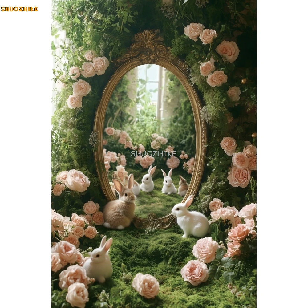Sfondo fotografico di Pasqua primaverile Fiori Prateria Conigli Ritratto di bambini Decorazioni per feste di compleanno Sfondo per servizio fotografico Photobooth