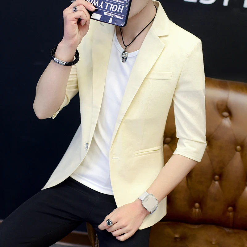 

Летний мужской повседневный пиджак с рукавом три четверти, приталенный, стильный, молодежный, элегантный, однобортный, рубашка-куртка