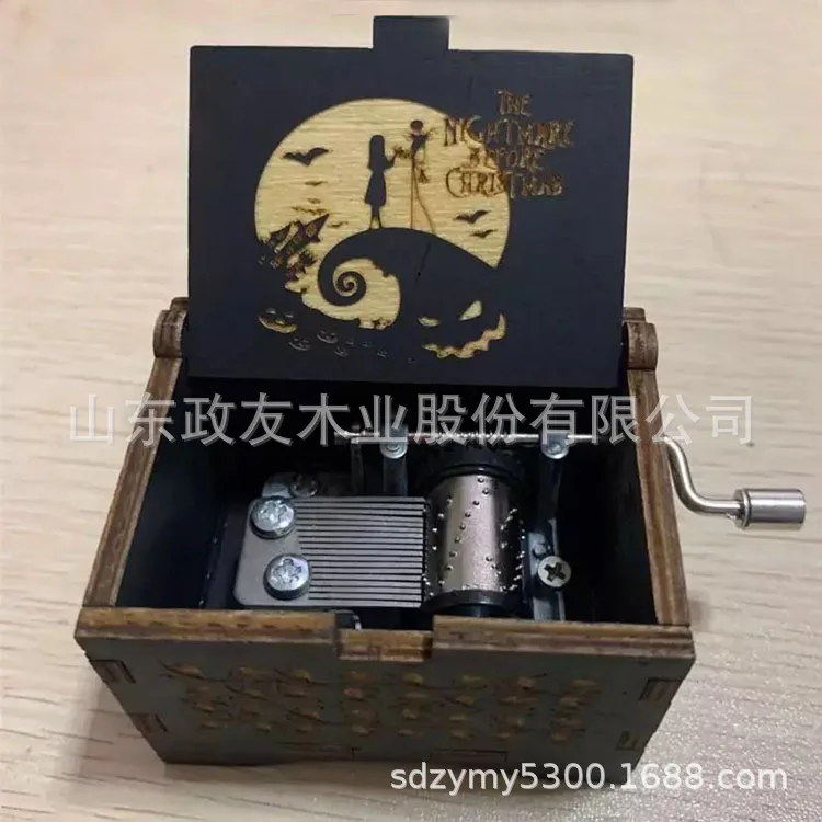 Disney The Nightmare Before Christmas Wooden Music Box Retro Engraved Horror Nights Hand-cranked Music Box Gifts for Friends