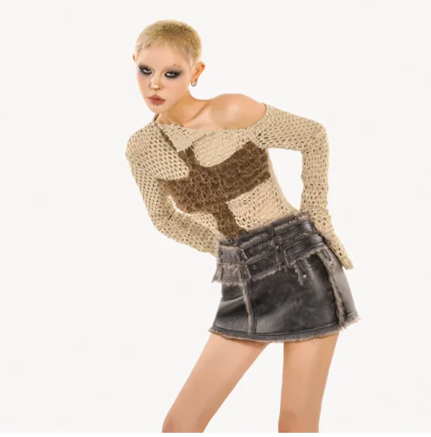 Spring New Personalized Street Sexy Hollow Out Off-the-shoulder Long Sleeve Sweater Fashion Loose European American Pullover