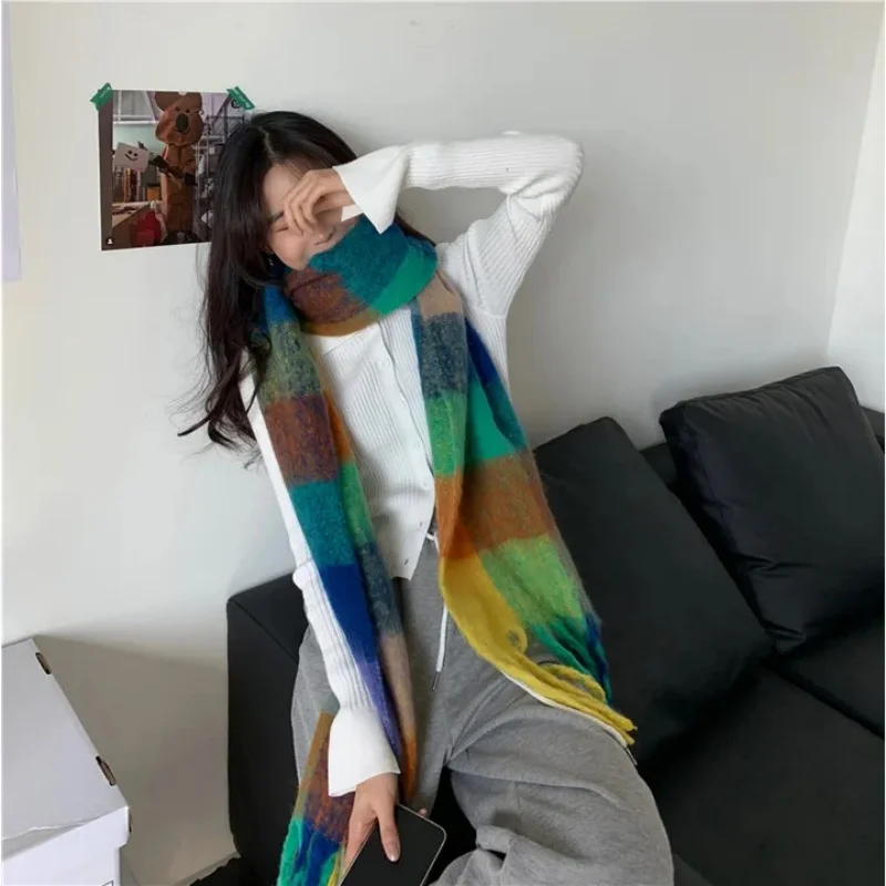 Luxury Brand Women Plaid Scarf Winter Warm Pashmina Shawls Cashmere Thick Wrap Lady Tassel Blanket Scarves Rainbow Hairy Bufanda