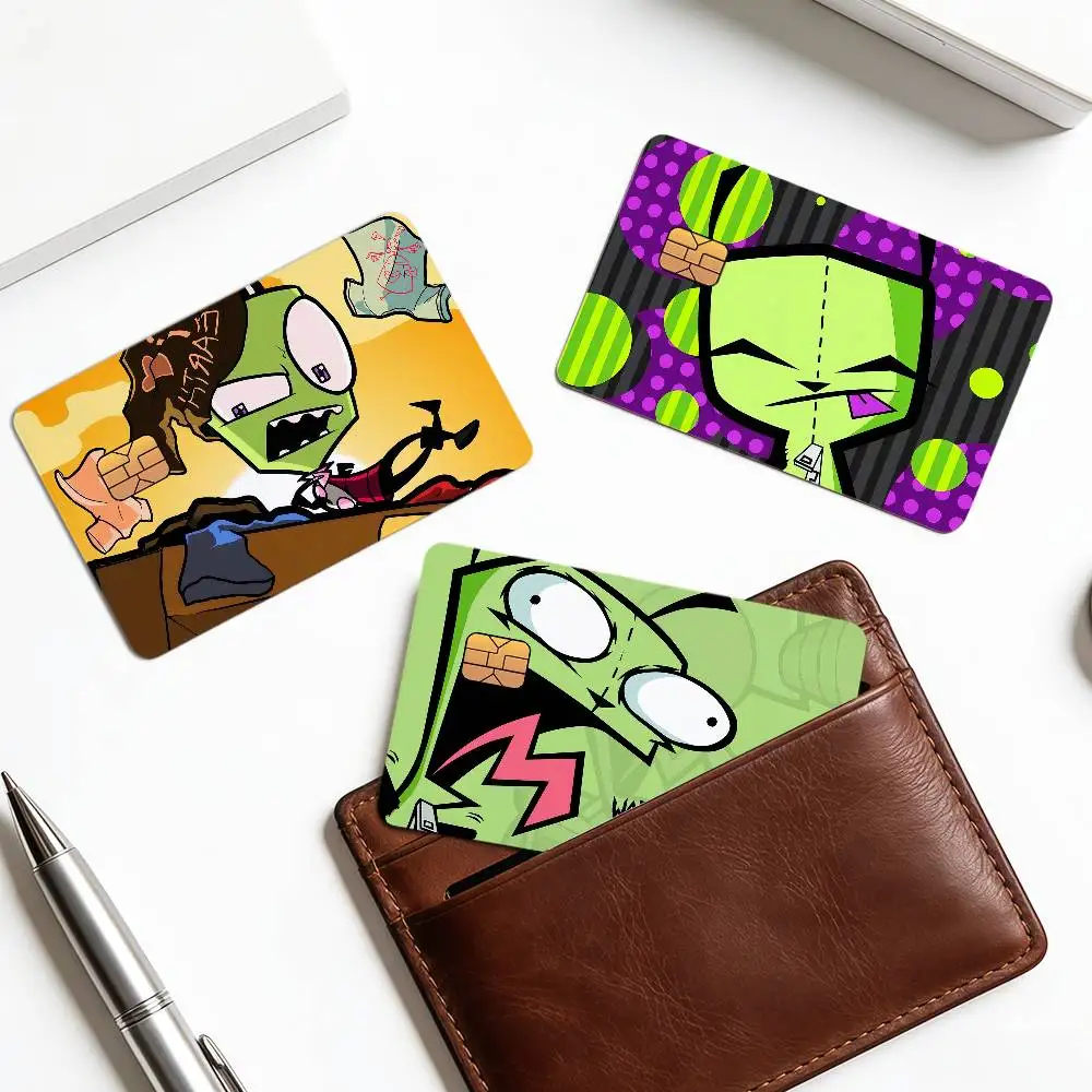 Autocollant décoratif exquis pour cartes bancaires (débit et crédit) - Motif visage de personnage de dessin animé amusant G-GIR I-Invader Z-Zim - Cadeau pour étudiant