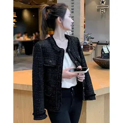 Black Jacket Women's Shiny Silk And Cotton 2025 Autumn And Winter New French Socialite High-End Feeling Coarse Floral Wool Coat