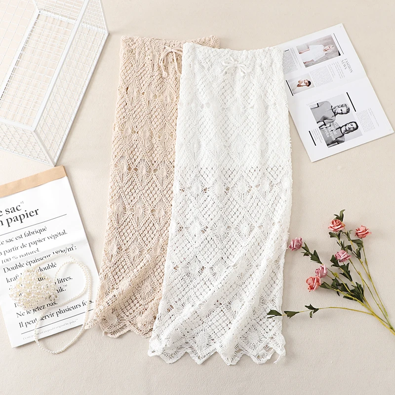 

White Long Skirt Woman Knitted Skirt 2025 Vintage Spring Summer High Waisted Holllow Out Crochet Lace Pencil Skirts ropa mujer