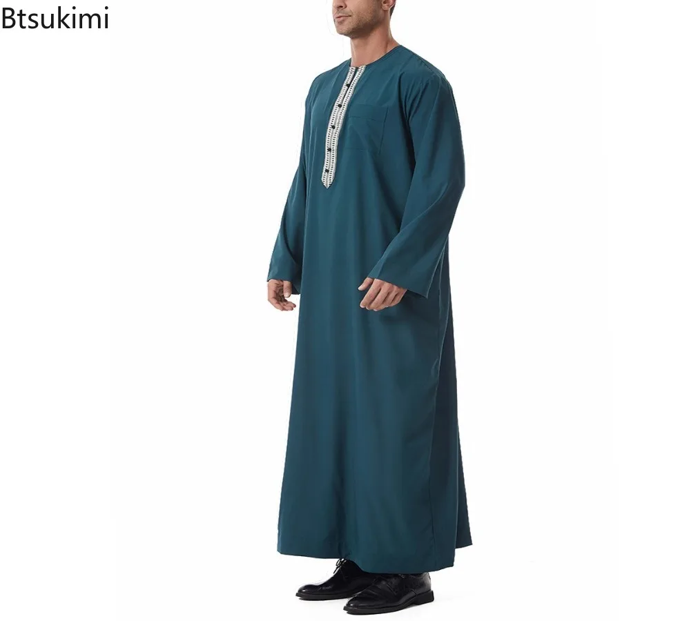 Jubah Muslim Pria Pakaian Arab Saudi Islami Ramadhan Arab Timur Tengah Gaun Pullover Lengan Panjang Leher Bulat Kasual Warna Polos