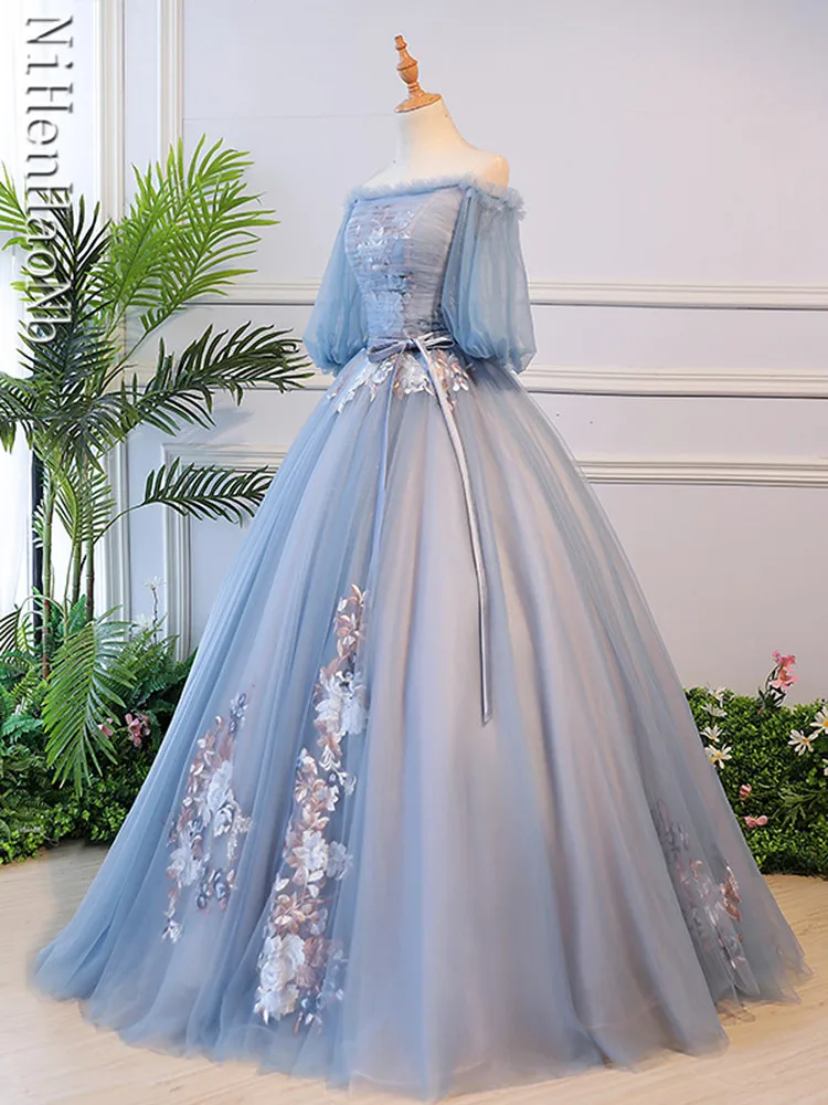 Vestidos De quinceañera, elegantes vestidos De novia De manga farol azul, talla grande, largo hasta el suelo