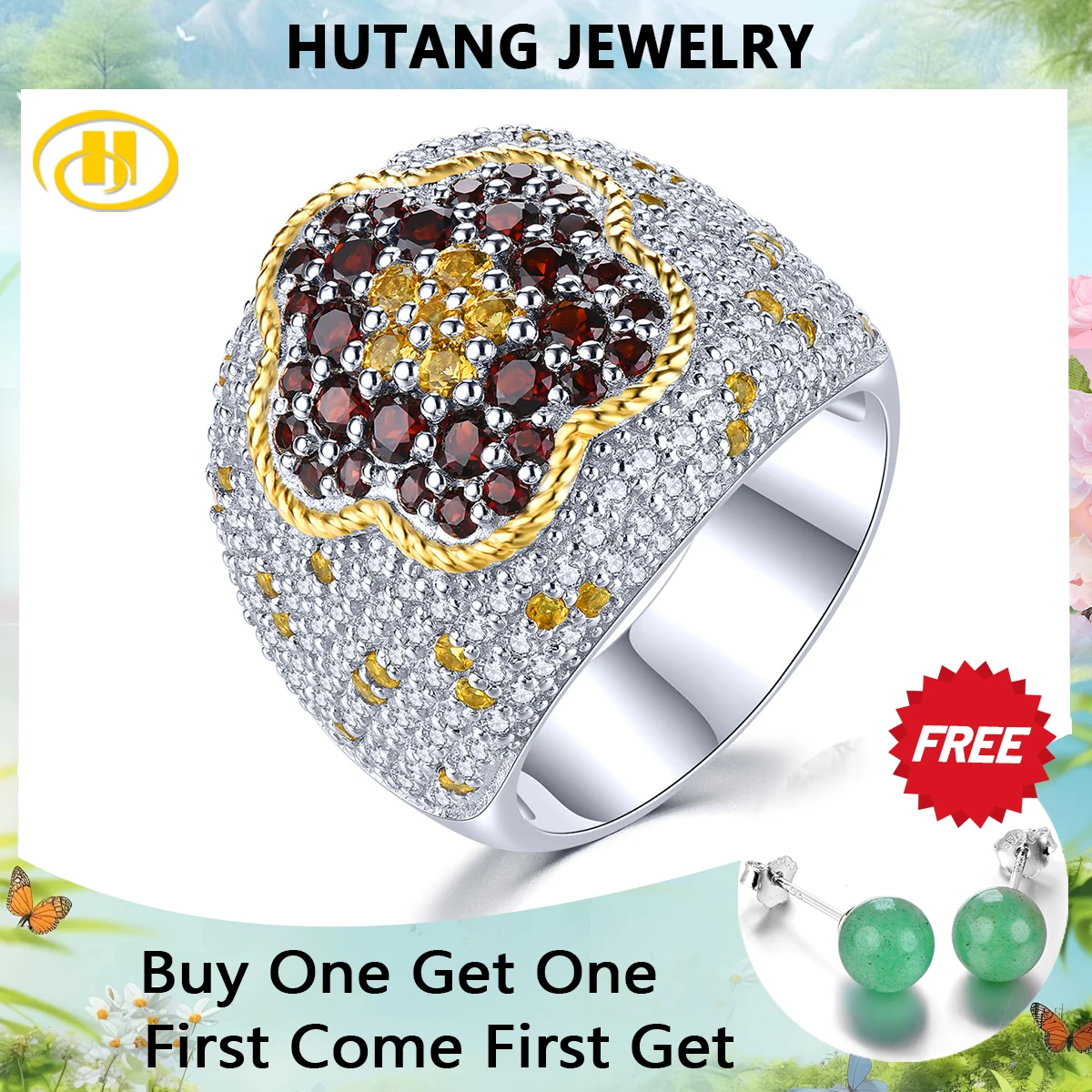 

Natural Garnet Citrine Solid Sterling Silver Rings 3.9 Carats Genuine Gemstone Women Classic Luxury Fine Jewelrys New Year Gift