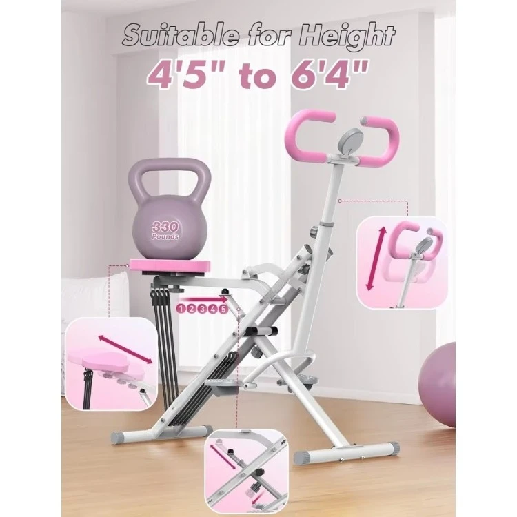 

New arrivals Pink Squat Machine for Home,Rodeo Core Exercise Machine,330lbs Foldable,Adjustable 4 Resistance Bands,Ride & Rowing
