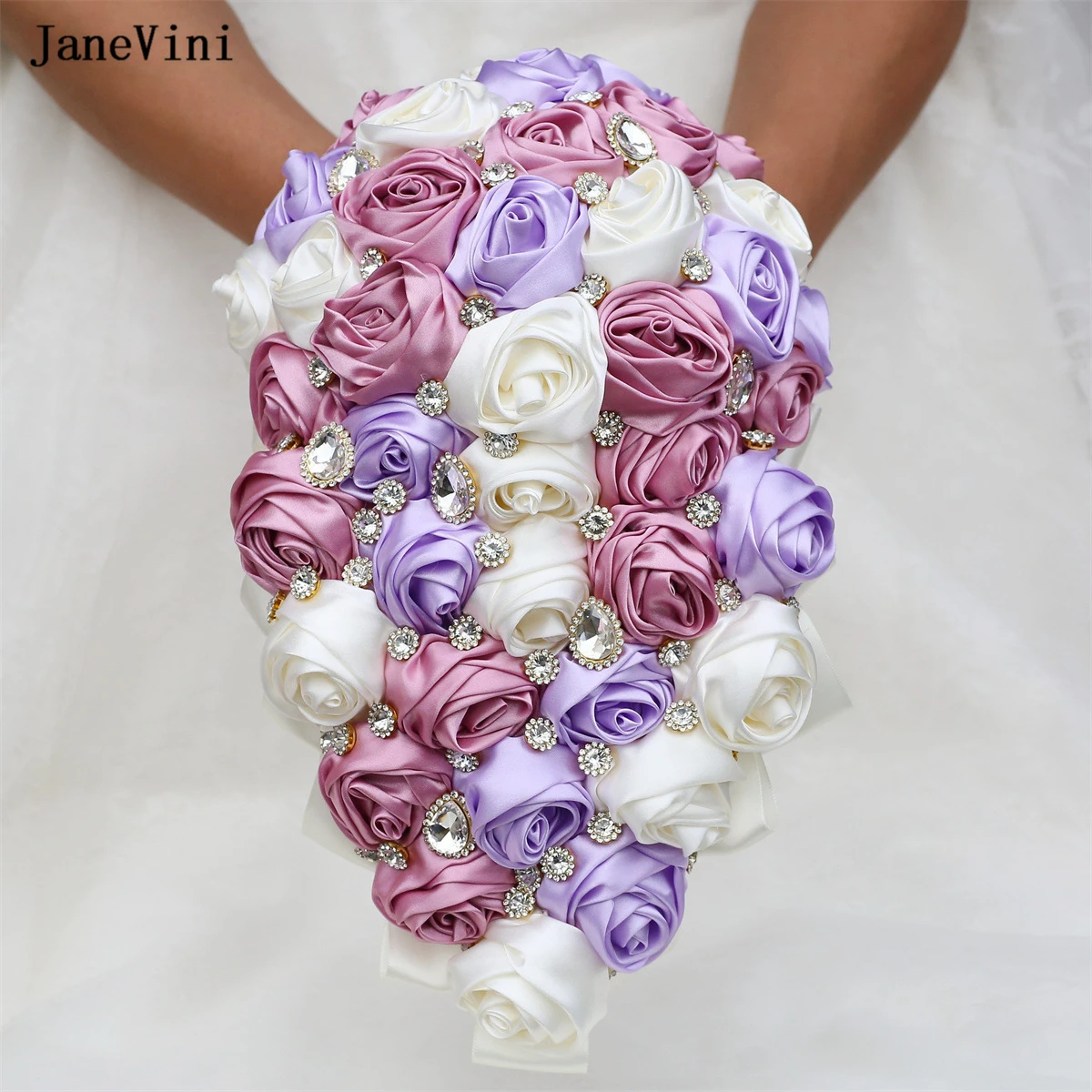 JaneVini Charming Light Purple Flowers Waterfall Wedding Bouquets for Bride Luxury Diamond Cascading Bridal Fake Bouquet Jewelry