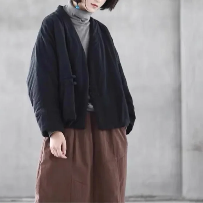 

Retro Cotton Jaet Women's ort Pure Color Buttoned Cotton Linen Coat V-Ne Long Sve Loose Fit Winter Outerwear