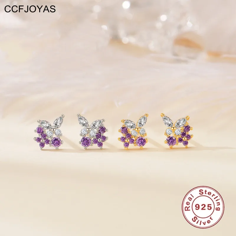 CCFJOYAS 925 Sterling Silver Lavender color Small Butterfly Stud Earrings for Women Exquisite Light Luxury Party Fine Jewelry