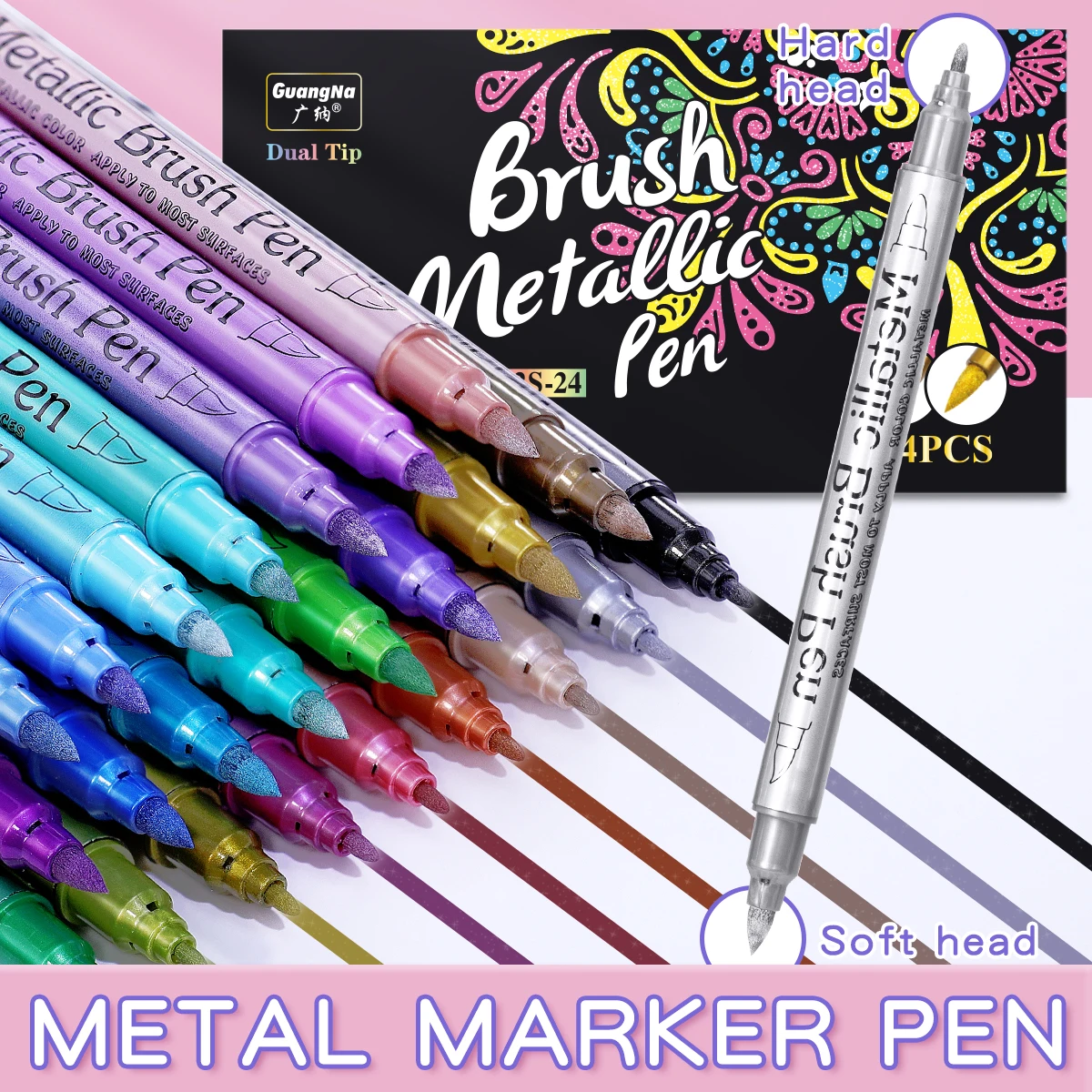 24-Color Double-Ended Metal Marker Set, Easy to Color and with Metallic Luster, Suitable for Signatures, Graffiti and Painting