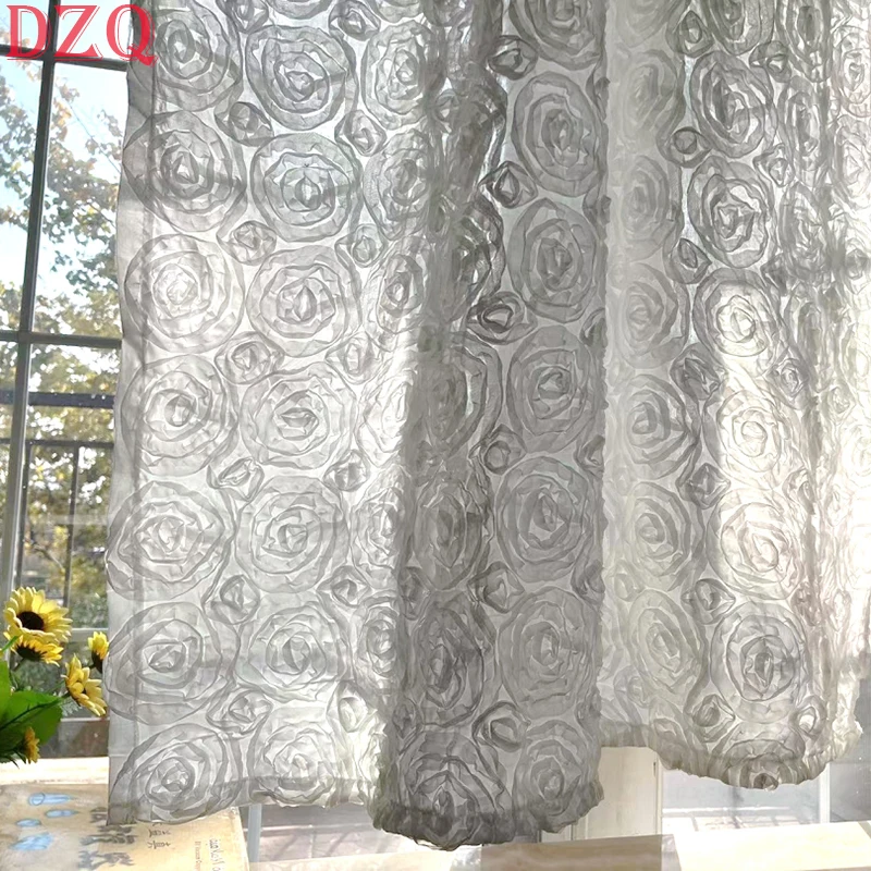 

American Relief White Rose Tulle Curtains Lace Embossed Flowers Gauze Yarn for Bedroom Balcony #A291