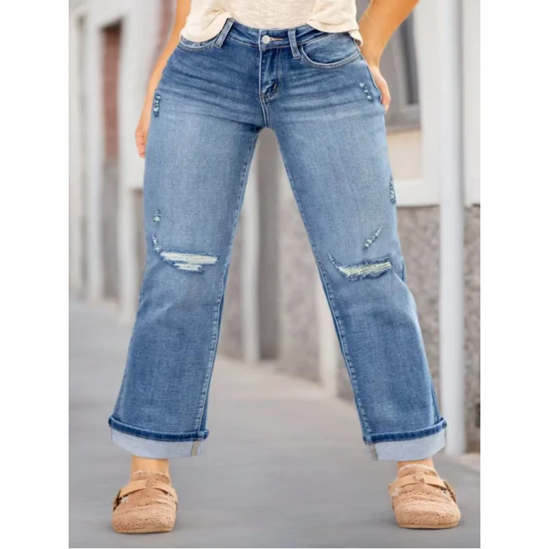 plus Size Women's mid Waist Comfortable Perforated Elastic Straight Leg Denim Jeans 2026 Fashionable Breathable Stretchy Pants view 5