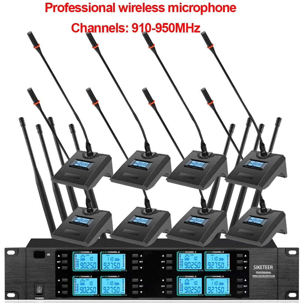Microphone sans fil, 8 canaux, 910-950 MHz, microphone portable, adapté aux mariages, églises et aux performances sur scène.