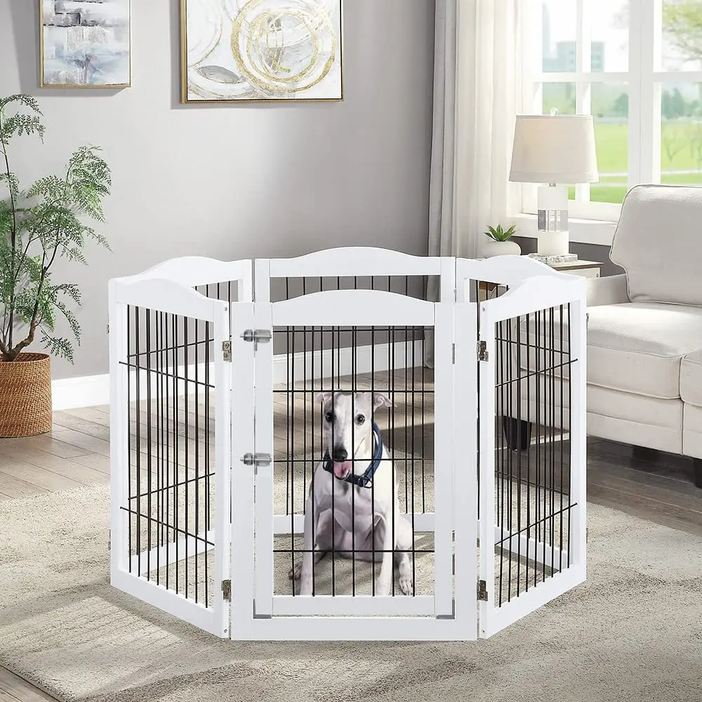 Espresso/White 6 Panel Eco-friendly Freestanding Configurable Dog Gate With Walk Through Door