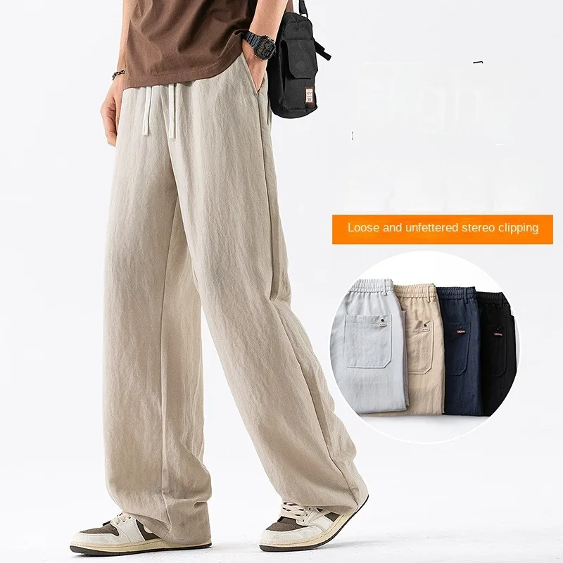 Man Pants Men Trousers Summer Lightweight Loose Fit Linen Wide Leg Cotton Casual Straight Leg Trousers For Men