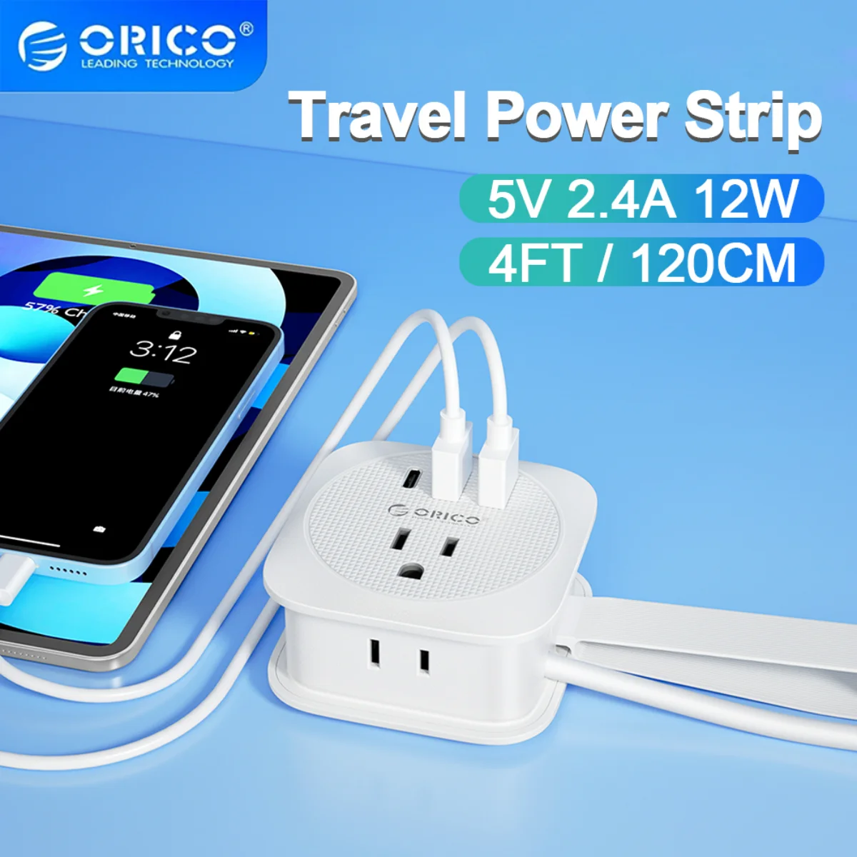 ORICO USB Charging US Power Strip Travel Adapter Multiple Extension Socket with 2 USB Ports Type C Fast Charge for Travel Office