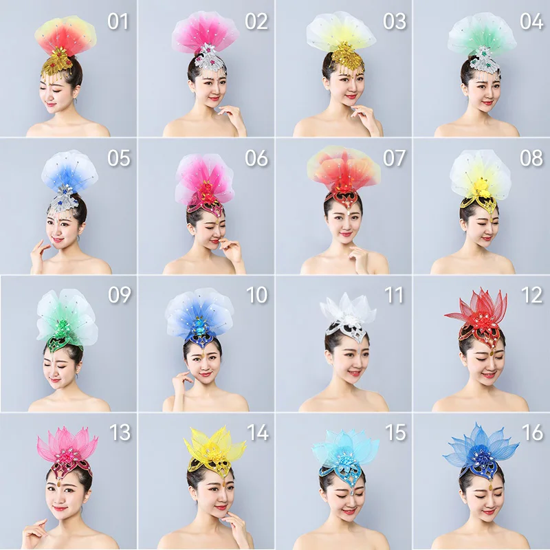 Dance Elegant Veil Brim Hats Headdress Show Stage Performance Costume Hair Accessories Women Yangko Folk Dance Hair Flowers