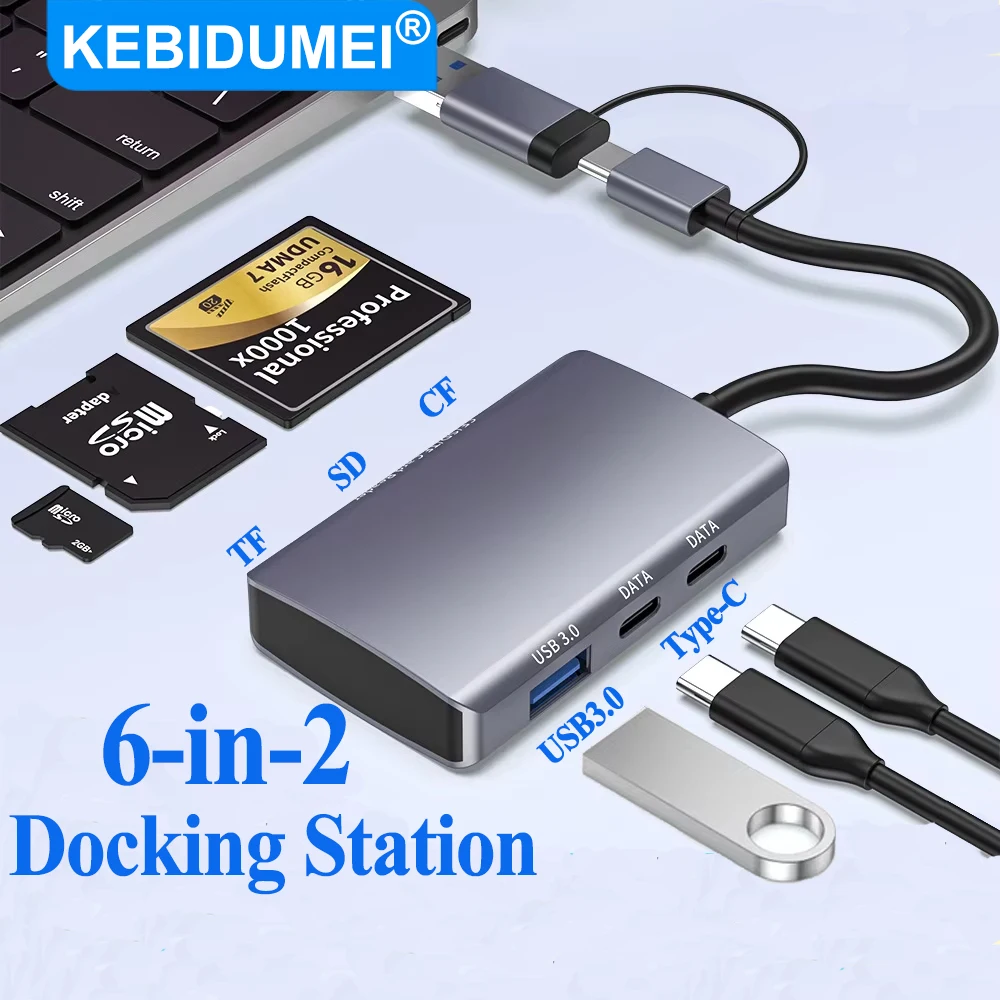 KEBIDUMEI USB 3.0 HUB 6 in 2 USB C Docking Station TYPE-C to SD/TF/CF Card Reader USB Splitter Multifunction HUB OTG Adapter