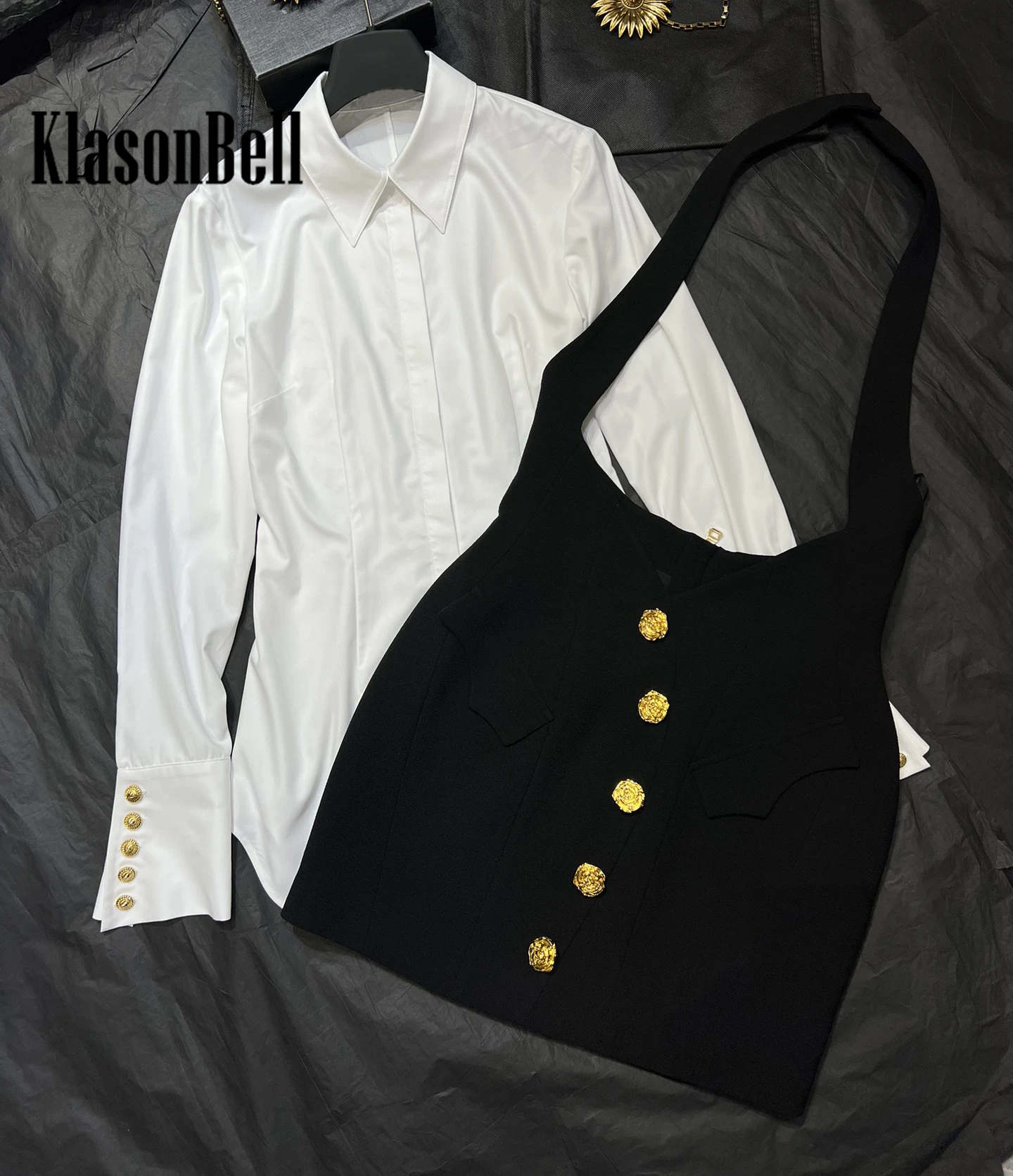 5.2 KlasonBell Vintage Elegant Collect Waist White Cotton Shirt Or Rose Flower Gold Button Halter Suspender Skirt Set Women