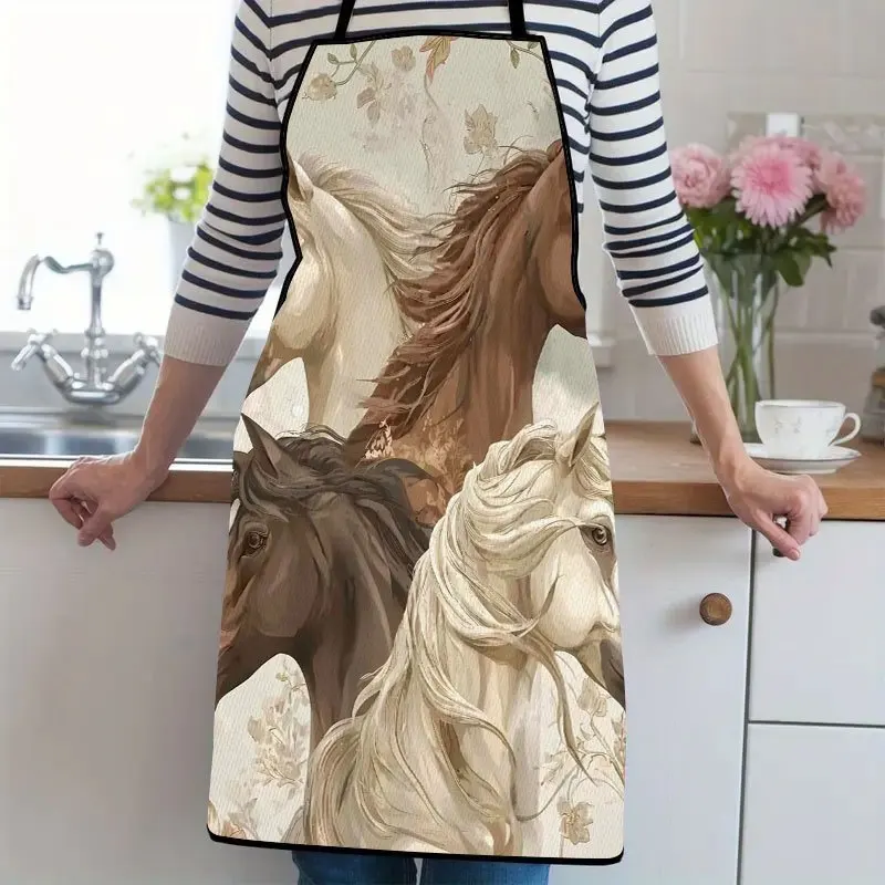 1pc, Four Horses With Floral Background Suitable For Ladies And Gentlemen A Kitchen Cooking Apron That Is Essential For Househol