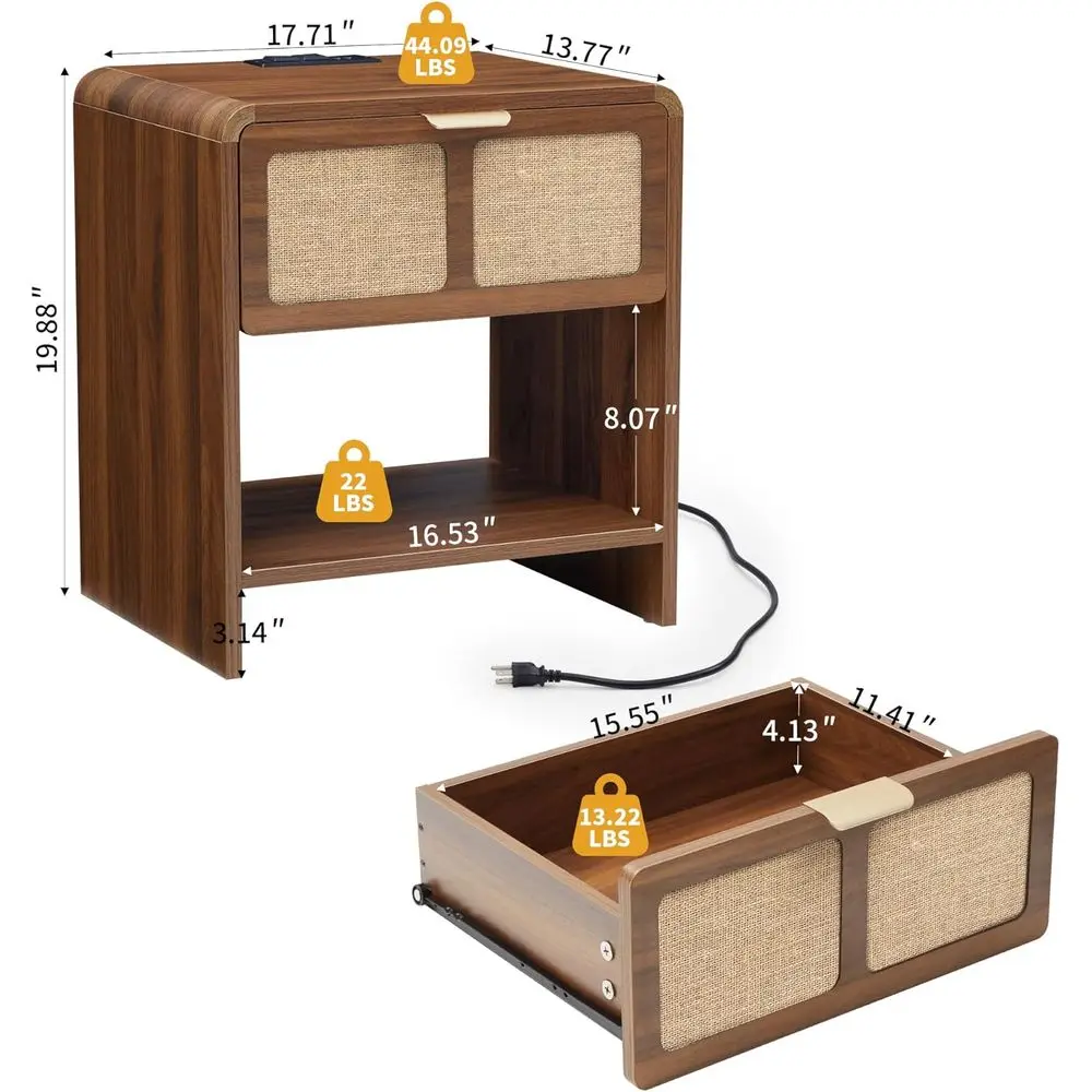 Compact Nightstand Set of 2, Modern Bedside Table with Charging Station and Fabric-Like Textured Cover, Wooden Small End Table f