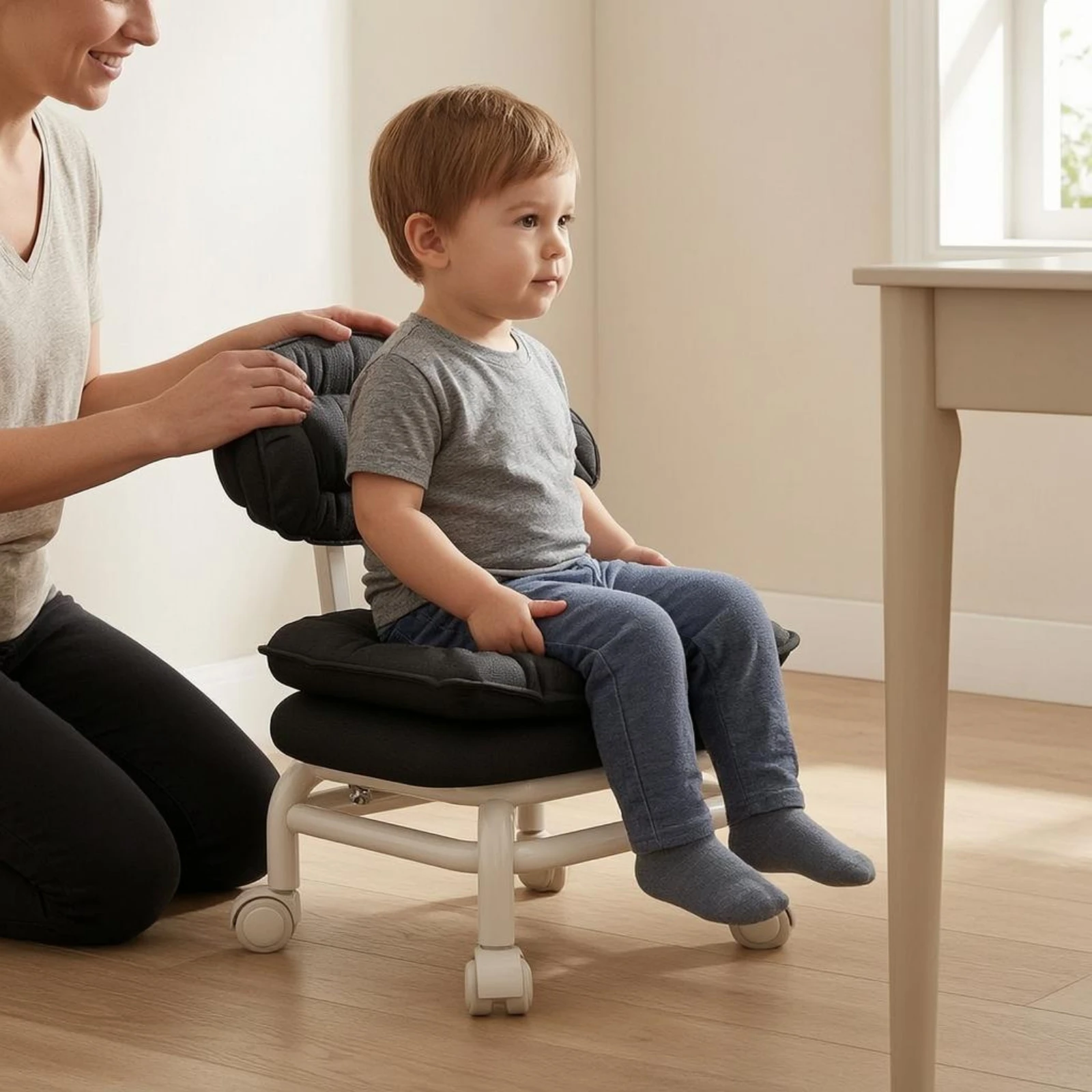 Rolling Chair Low-Height Padded Chair Mobility Aid Cylindrical Base Seating Easy Assembly