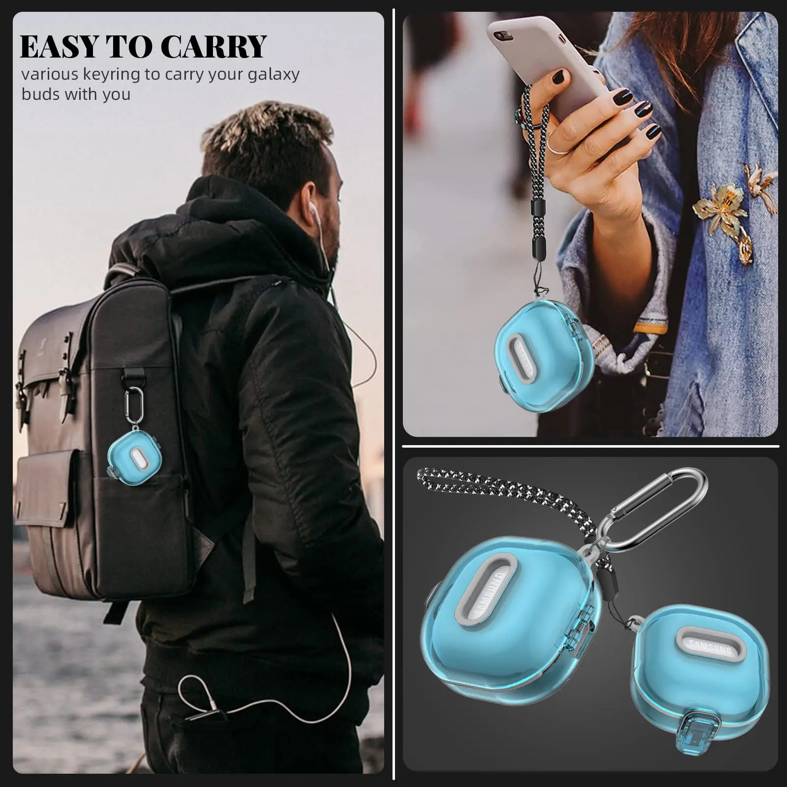 Secure Lock Case for Samsung Galaxy Buds 2 Pro/Buds 2/Buds Pro/Buds Live Shock-Absorbing Cover Hard Shell with Carabiner&Lanyard