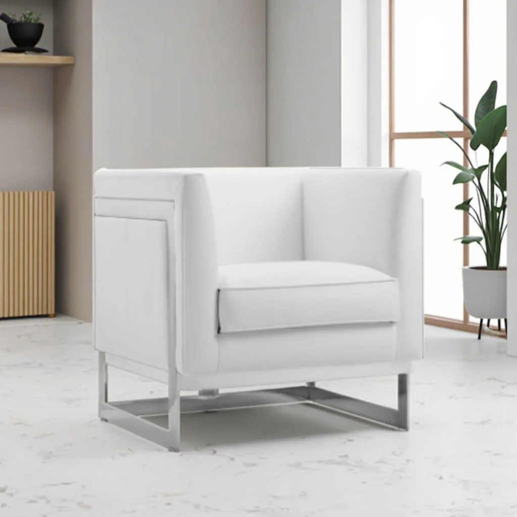 Club Collection Modern Stainless Steel Accent Chair T-shaped Frame Armchair White Chairs for Living Room