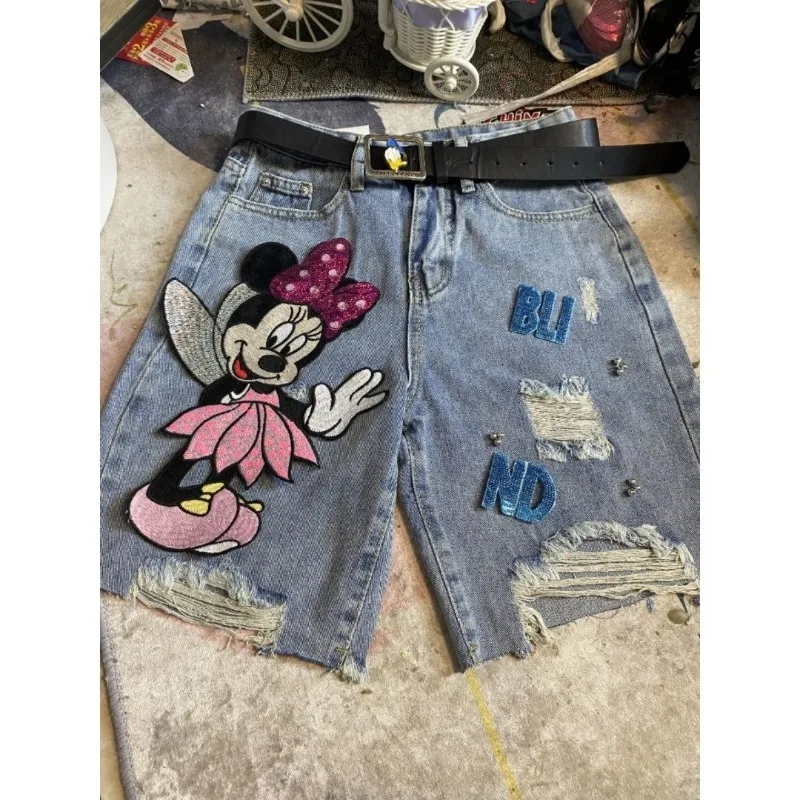 ديزني عالية الجودة الكرتون ميني الشريط مسمار حبة حفرة ضوء الملونة الدنيم السراويل للنساء فضفاضة مستقيم الساق طول الركبة السراويل #1