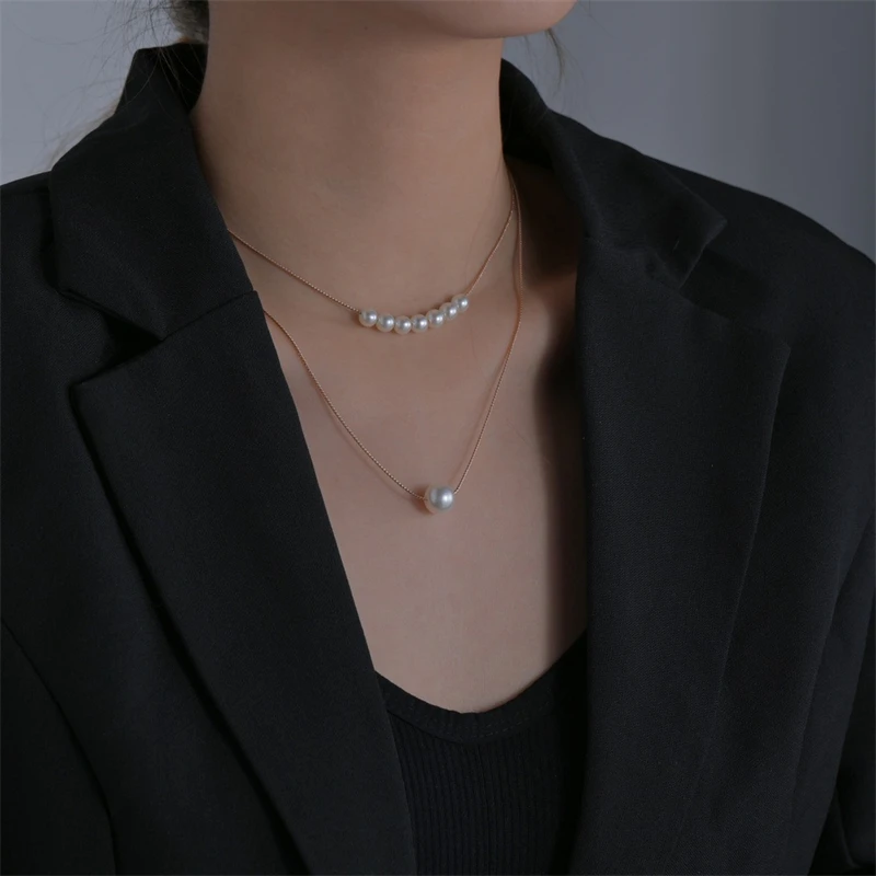 316L Stainless Steel New Fashion Upscale Jewelry Elegant 2 Layer Beaded Pearl Charm Chain Choker Necklaces Pendants For Women